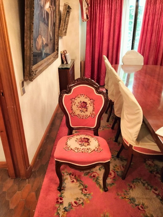 Image 1 of Dining room Caoba table unique one piece 6x1,2x1 metres with additional 20 wood chairs in Petit Point 