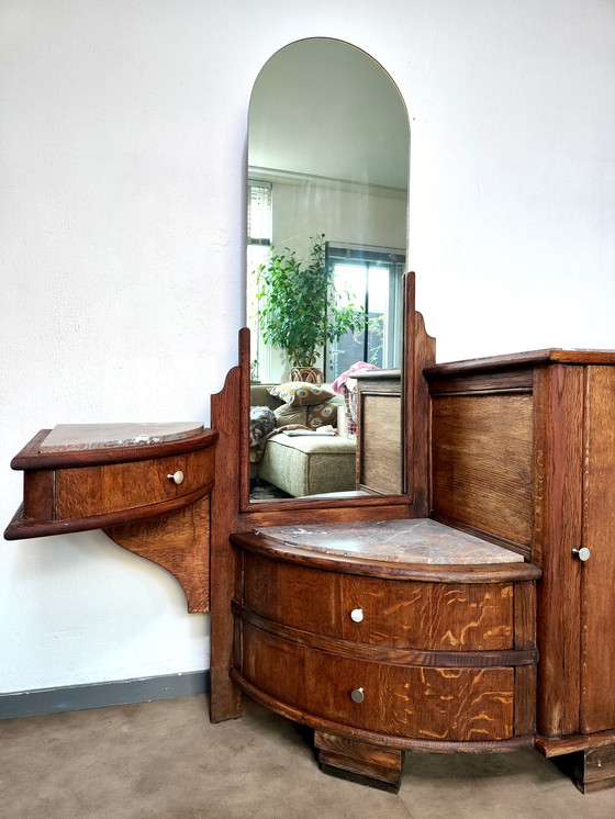 Image 1 of Vintage Art Deco kaptafel / spiegelmeubel met marmer – asymmetrisch design
