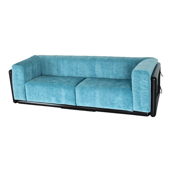 Image 1 of Cornaro two-seater sofa in iroko wood and blue velvet by Carlo Scarpa for Studio Simon, Italy, 1974