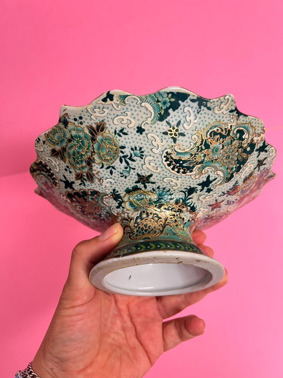 Image 1 of Vintage Satsuma pedestal serving dish, Japanese bird-themed serving dish