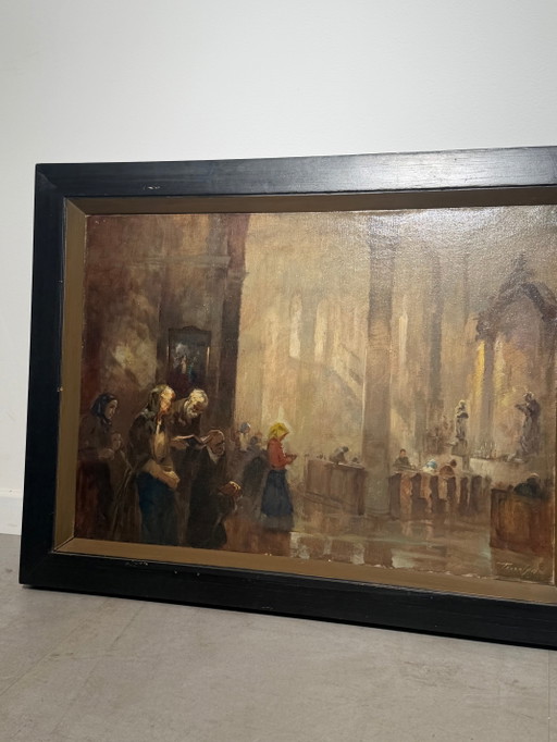 Antique Church Interior - Oil on Canvas - Signed – schilderijen tekeningen (photo 2 of 7)