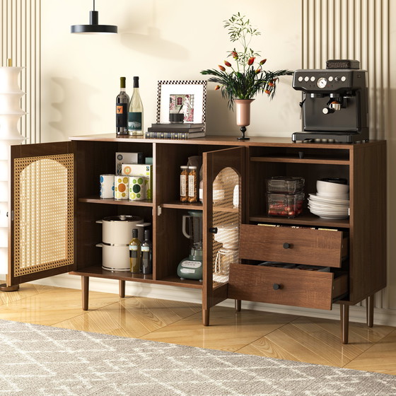 Image 1 of Urban Meuble buffetkast in vintage houtlook met rotan deuren, 2 deuren, 2 laden, 130 x 75,5 x 40 cm, CROLZOI
