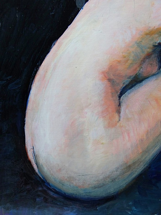 Image 1 of Large painting of a nude woman from behind, modern oil on panel, vintage style