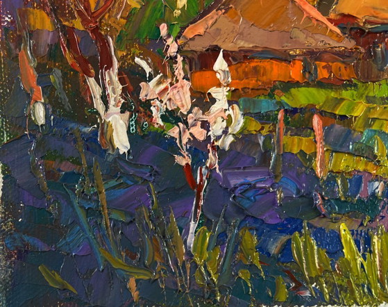 Image 1 of Original Oil Painting Evening Village Landscape Light and joy in every breath of air