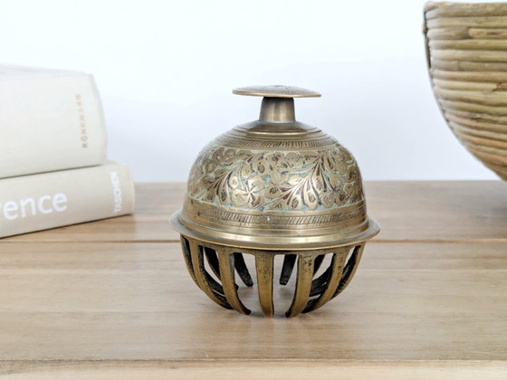 Image 1 of Vintage Solid Etched Brass Indian Elephant Claw Bell, Handcrafted Decorative Floral Table Bell