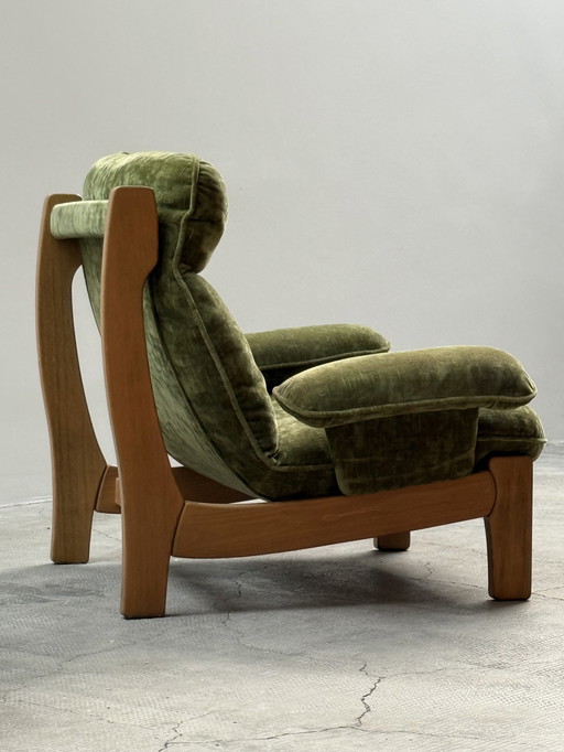 Midcentury vintage armchair solid beech wood velvet green 1970s