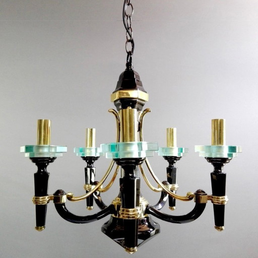 Italian "Lampart" Milano firm attributable five-light 1970s classical chandelier in solid brass and crystals.