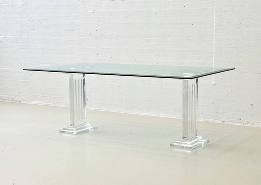 Glass table with acrylic glass column legs by FABIANART from Rome, Italy, 1980s