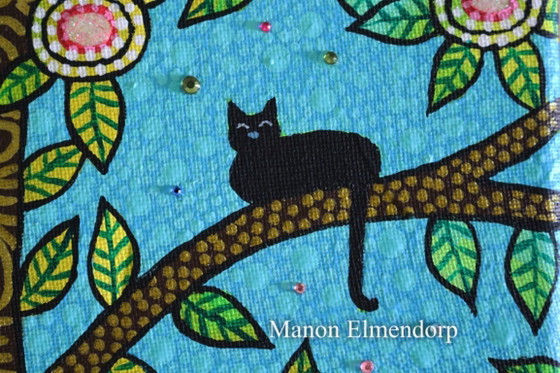 Image 1 of Unique Hand-Painted Small Painting Cats in Tree 30x18 cm Unique Hand-Painted Small Painting Cats in Tree 30x18 cm