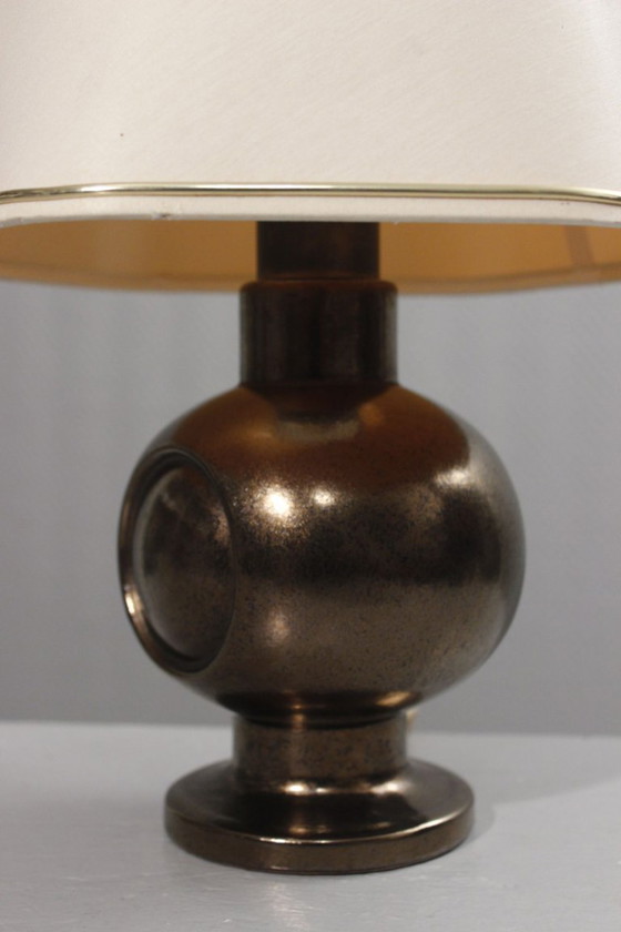Image 1 of Vintage ceramic lamp base, black and gold enamel, 1950s Jouve style