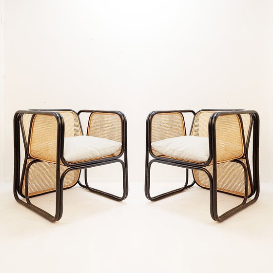 Image 1 of Design-Sesselpaar aus Bugholz und Korbgeflecht, Stil Jan Bocan