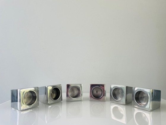 Image 1 of Ensemble de 6 porte-bougies chauffe-plat géométriques en acier inoxydable – motif cubiste