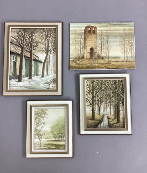 4 Ölgemälde, feine Malerei, J. Fris, 1970er Jahre