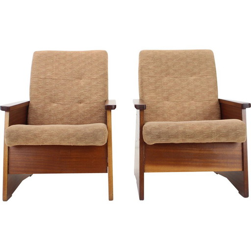 Pair of vintage wood and fabric armchairs, Czechoslovakia 1970s
