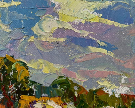 Image 1 of Original Oil Painting Summer Village Landscape Clouds drifting in the sky