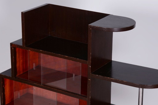 Restored Artdeco Étagère, Oak, Glass, Chromed Steel, Czech, 1930s – vitrinekasten, Wood (photo 2 of 8)