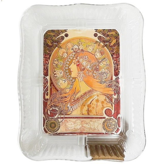 Image 1 of Cornice in vetro vintage, cristallo, stile art nouveau, stampa fotografica del dipinto Mucha, Zodiaco, anni '80