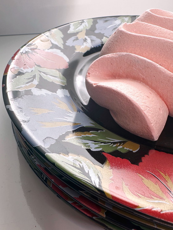 Image 1 of 6x Piatti da torta vintage Arcoroc Fiori neri Francia Set anni '80-'90 Luminarc Octime Francia Rosso Blu Giallo