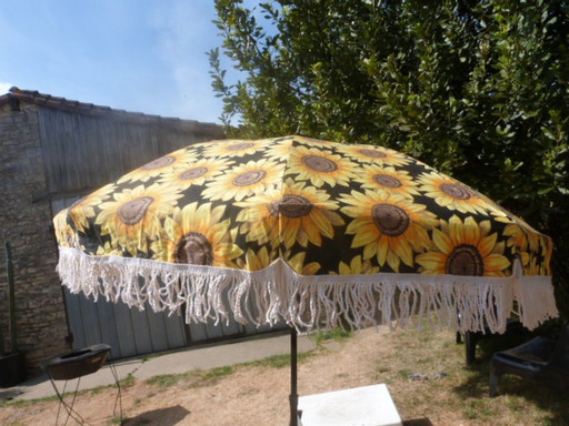 Vintage kantelbare parasol met franjes en zonnebloemmotief - jaren 70/80 - Sauvagnat, gemaakt in Frankrijk