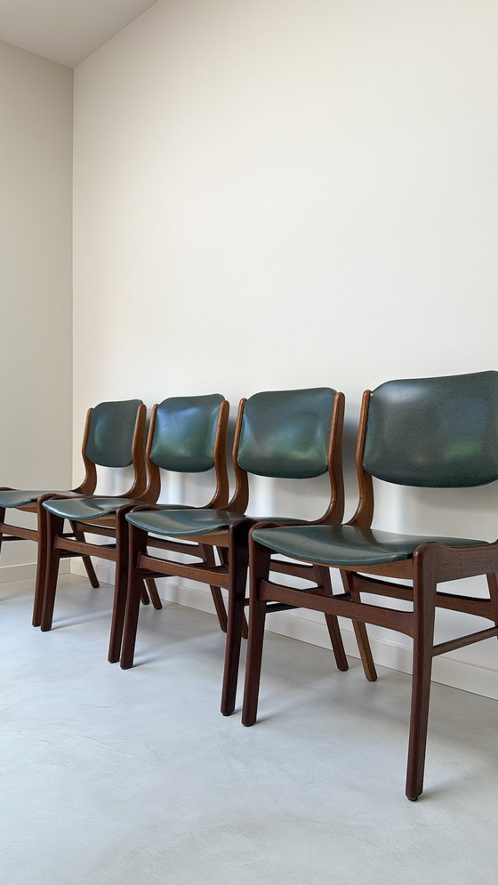 Image 1 of Four vintage wooden chairs with green imitation leather