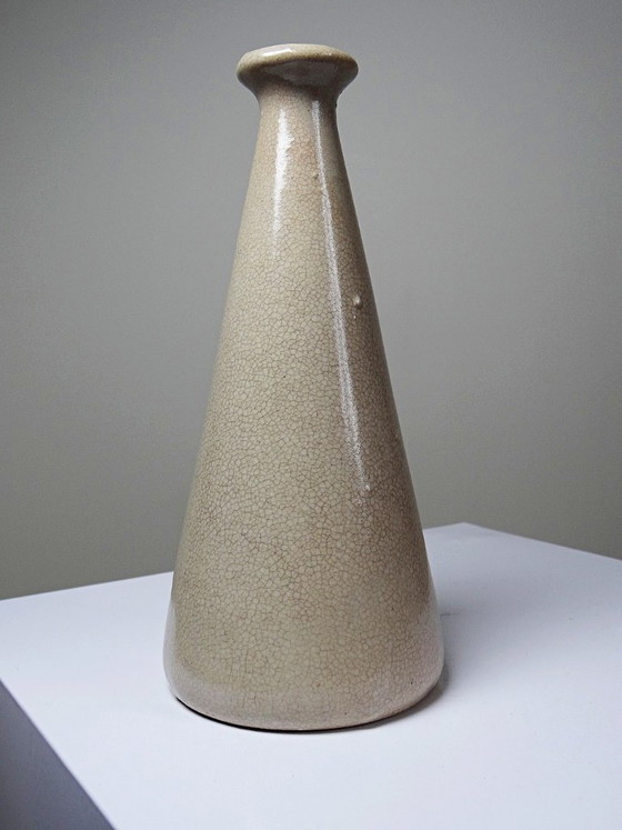 Image 1 of Conical Art Deco vase in beige crackled earthenware, circa 1930-1950