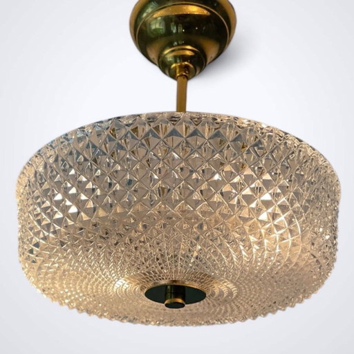 Carl Fagerlund for Orrefors — Vintage Crystal and Brass Ceiling Lamp, Sweden, 1960s