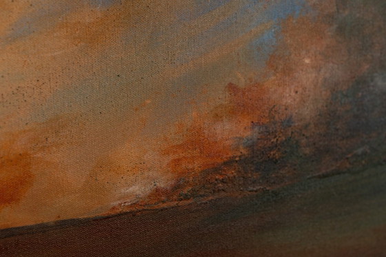 Large Original Blue and Orange Abstract Landscape Painting, Textured Acrylic Canvas - Whispering Embers (photo 22 of 23)