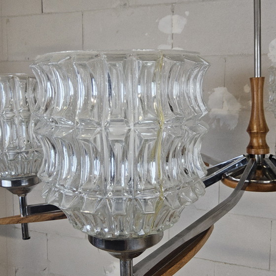 Image 1 of Lampadario d'epoca (anni '60) (8 bracci) cromo/legno (design metà secolo) Lampada a sospensione