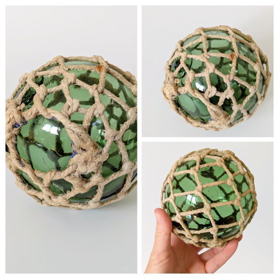 Image 1 of Satz von 3 antiken französischen Fischschwimmern, grünes Glas mit Netz