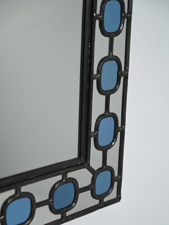 Image 1 of Scandinavian Mirror with light-blue leaded-glass frame