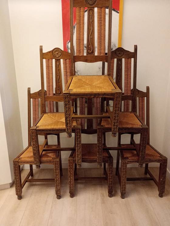 Image 1 of 6 x brutalist stoelen eik Baskisch vintage