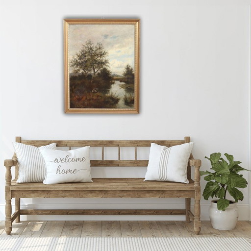 Dipinto ad olio su tela, Paesaggio fluviale, firmato J Paulman, fine XIX secolo.