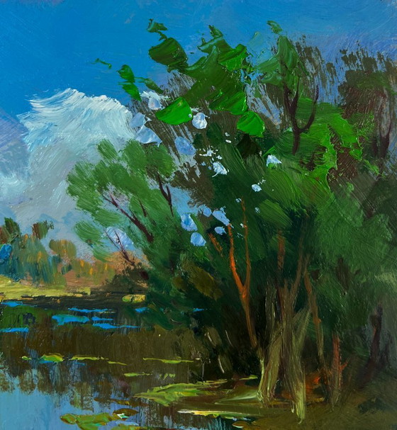 Image 1 of Original Oil Painting Summer River Landscape River carries a boat through silence
