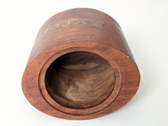 Image 1 of Midcentury Teak Coffee Canister with Brass Inlay Letters, Danish Modern Wooden Storage Jar