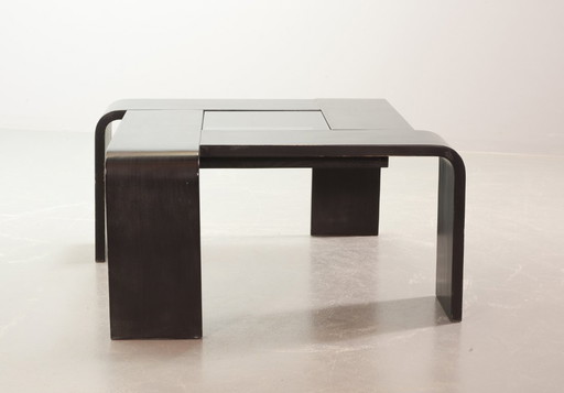 Square Ake Fribyter Style Black Lacquered Plywood Coffee Table with Smoked Glass Panel, 1970s.