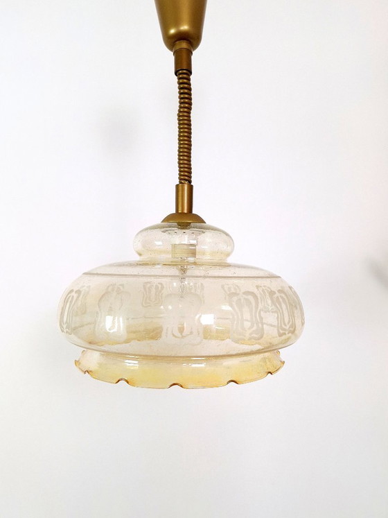 Image 1 of Vintage Amber Pendant Light / Retro Hanging Ceiling Lamp / Mid Century Style Lighting / Ruffled Edge Ceiling Lamp