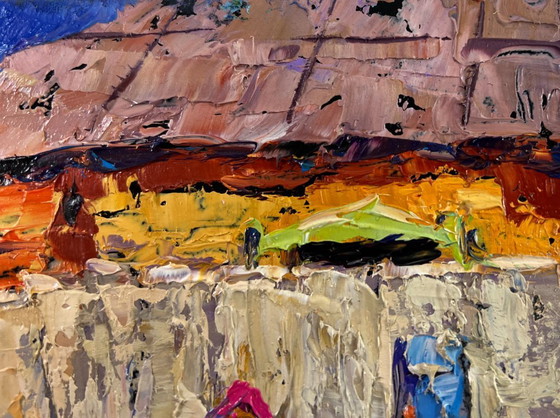 Image 1 of Original Oil Painting Winter Village Landscape Warm evening in grandma's house