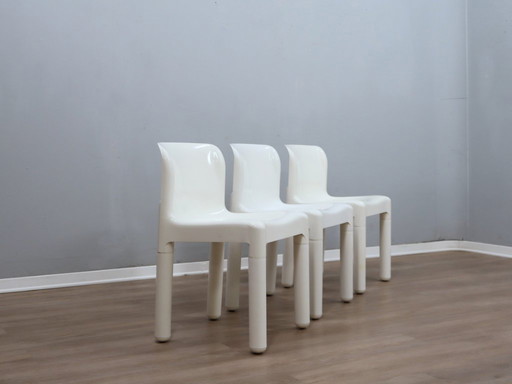 1970s Kartell Model 4875 Chairs by Carlo Bartoli, White Color, Set of 3