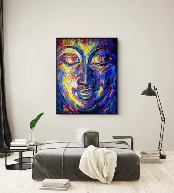 Image 1 of Unique hand-painted Buddha painting "Inner Joy" – Seksak Jaichumchen – 100 × 120 cm