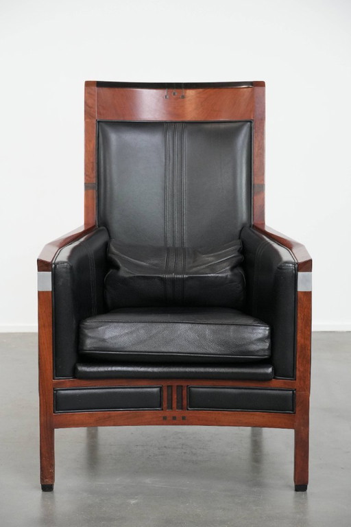 Fauteuil Schuitema Art Déco en cuir de vachette noir avec dossier haut