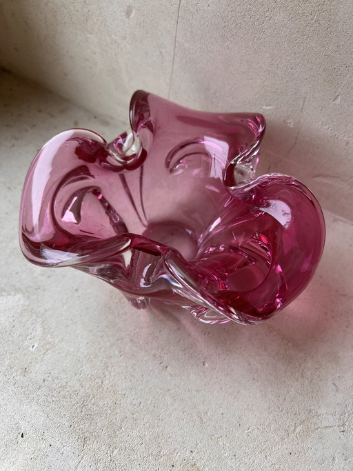 Vintage roze mid century glazen schaal/asbak
