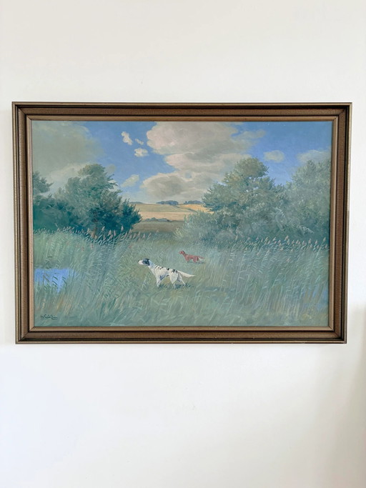 Grande peinture à l'huile originale vintage représentant un paysage avec un chien