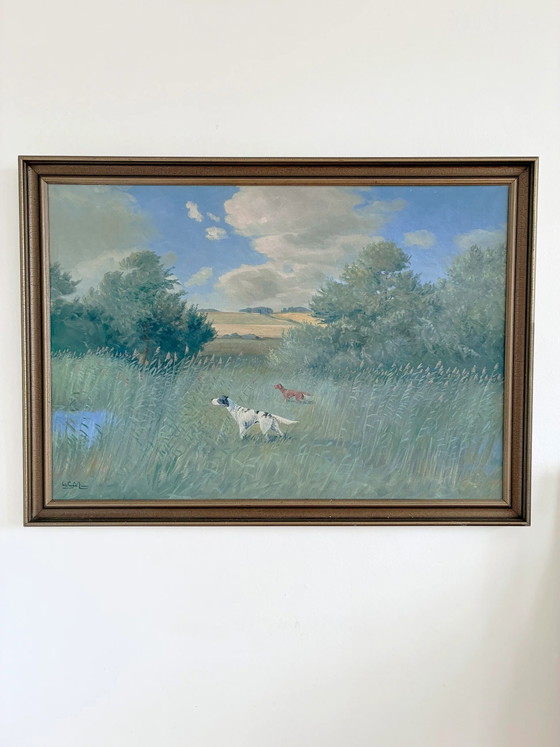 Image 1 of Grande peinture à l'huile originale vintage représentant un paysage avec un chien