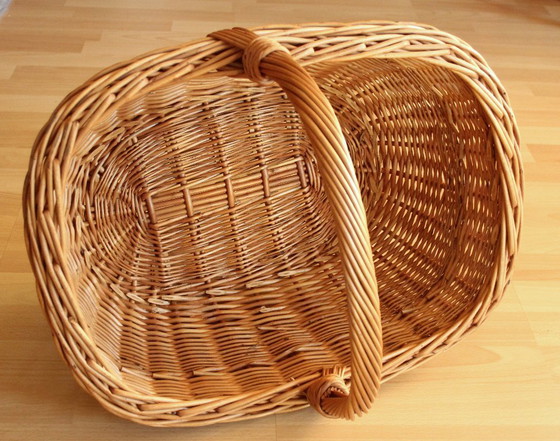 Image 1 of Grand panier à provisions, panier de pique-nique, osier, fait main - vintage