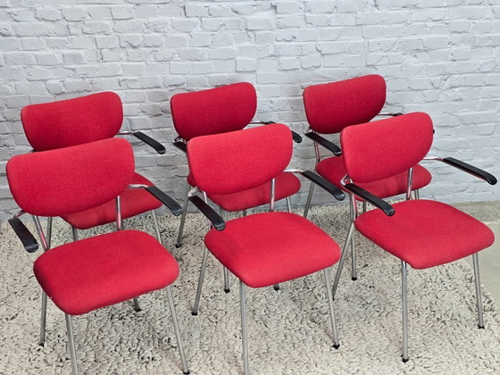 Image 1 of Sedie Gispen modello 1235 "Cirrus" di design di metà secolo con rivestimento rosso, set di 6, Paesi Bassi, anni '60