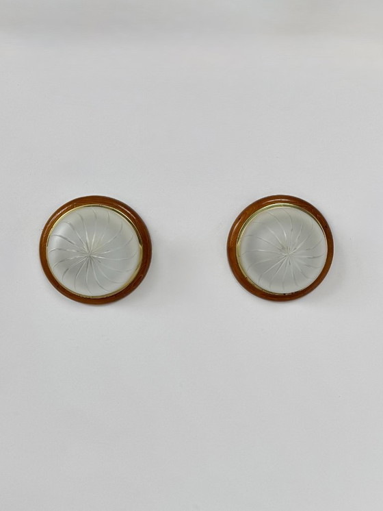 Image 1 of Coppia di applique vintage, legno, ottone e vetro smerigliato, Francia, 1970