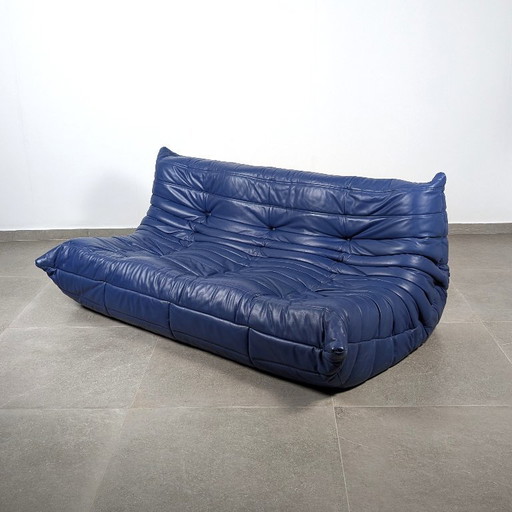 Michel Ducaroy Togo 3-Seater Sofa Blue Leather Ligne Roset France 1980s