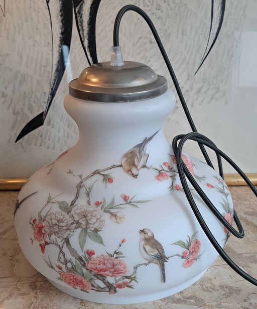 Lampe pendante vintage verre au lait oiseau fleur