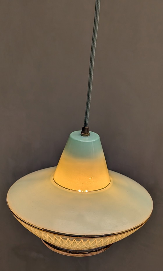 Image 1 of Franse Mintgroene hanglamp glas 60's