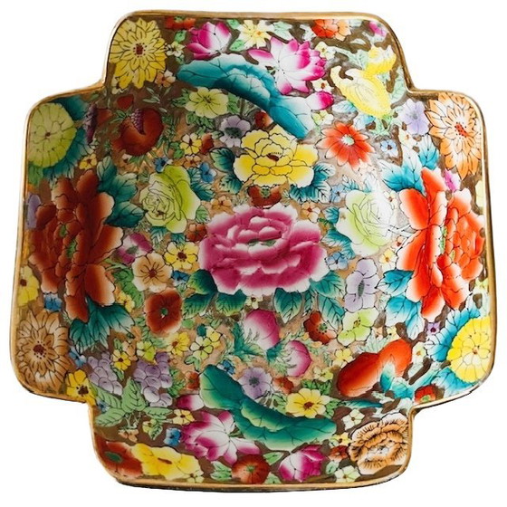 Image 1 of Ciotola cinese vintage dipinta a mano con fiori dorati, anni '60